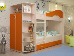Кровать 2-х ярусная Мая с ящиками и шкафом на латофлексах оранж в Кусе - kusa.mebel74.com | фото