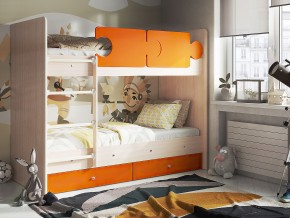 Кровать двухъярусная Тетрис латы с бортиками дуб млечный-оранжевый в Кусе - kusa.mebel74.com | фото 1